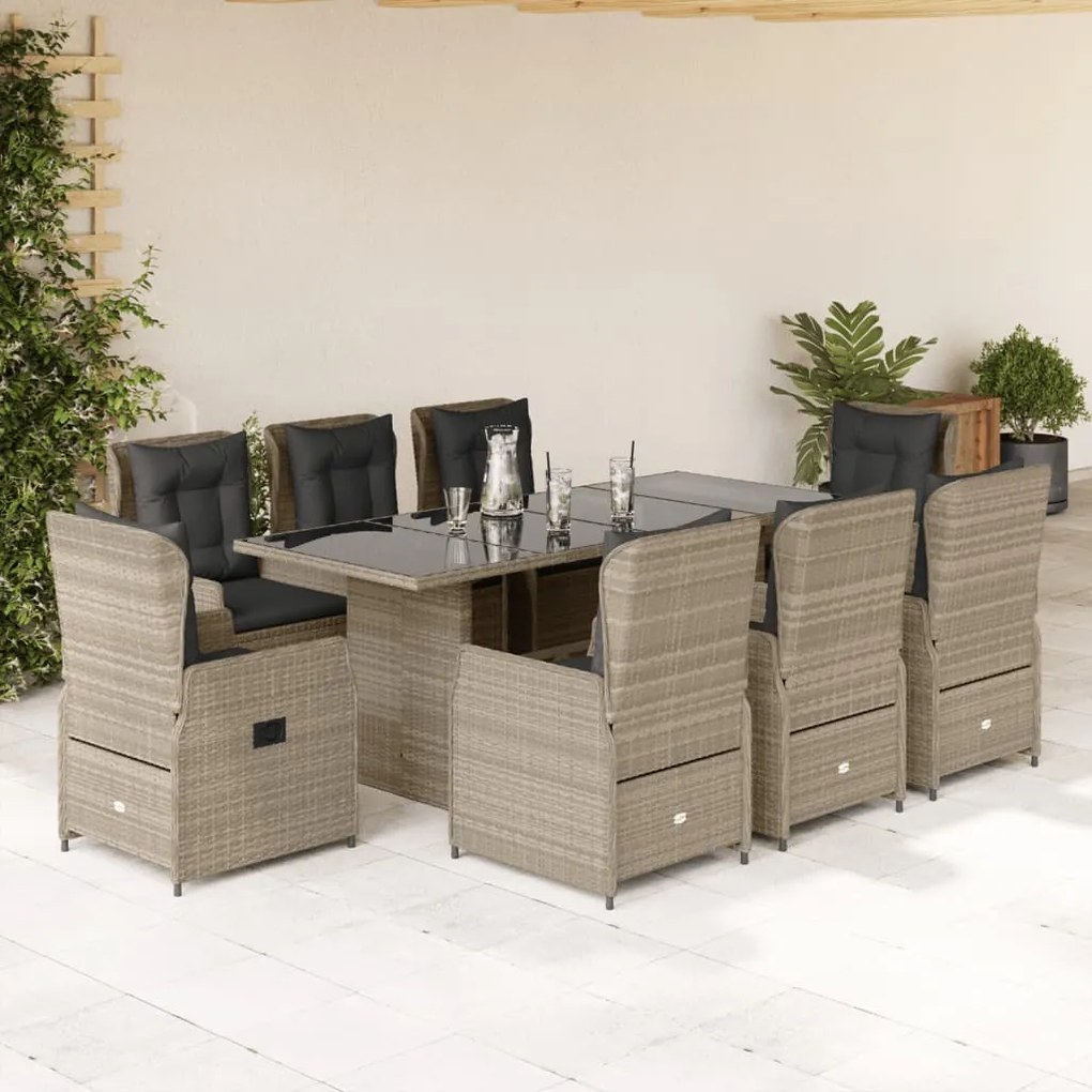 Set pranzo da giardino 9pz con cuscini grigio chiaro polyrattan