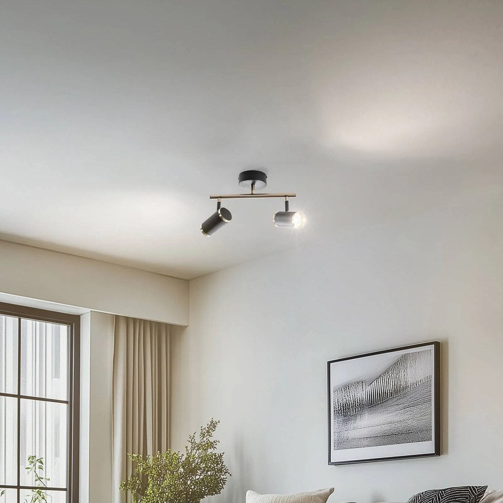 Faretto da soffitto Lumen, a 2 luci, nero/ottone, altezza 22 cm, ferro Lume Lucea, dimmerabile, Nero, Soggiorno / Sala da pranzo, Metallo, Faretto