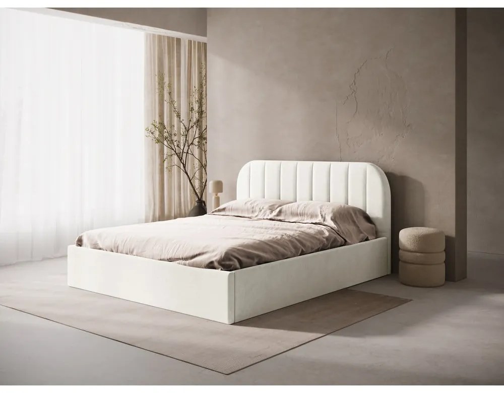 Letto matrimoniale imbottito color crema con contenitore/senza testiera con rete inclusa 140x200 cm Susan – Micadoni