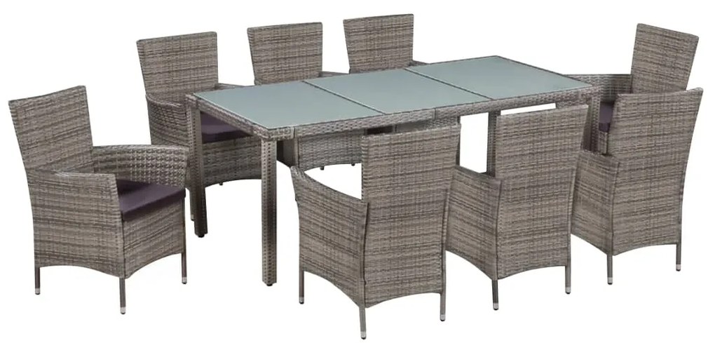 Set da pranzo da giardino 9 pz con cuscini in polyrattan grigio
