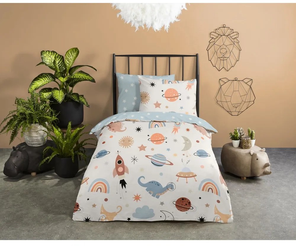 Set copripiumino e federa da bambini blu/beige in cotone per culla 100x135 cm Eclips – Good Morning