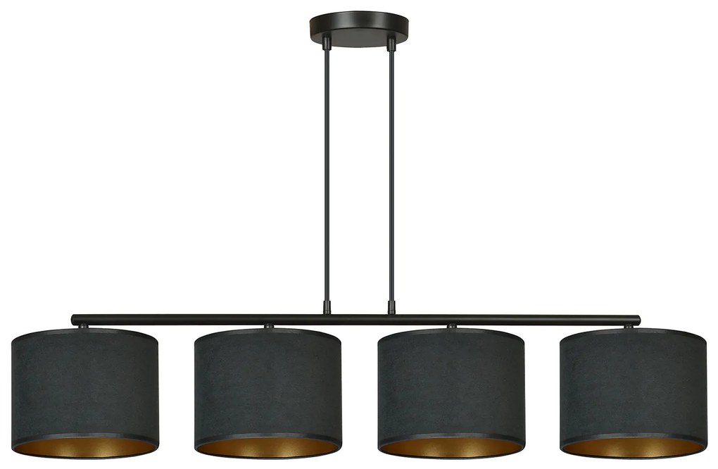 Lampadario 4 Luci Ganesha In Acciaio Nero E Paralumi In Tessuto Nero