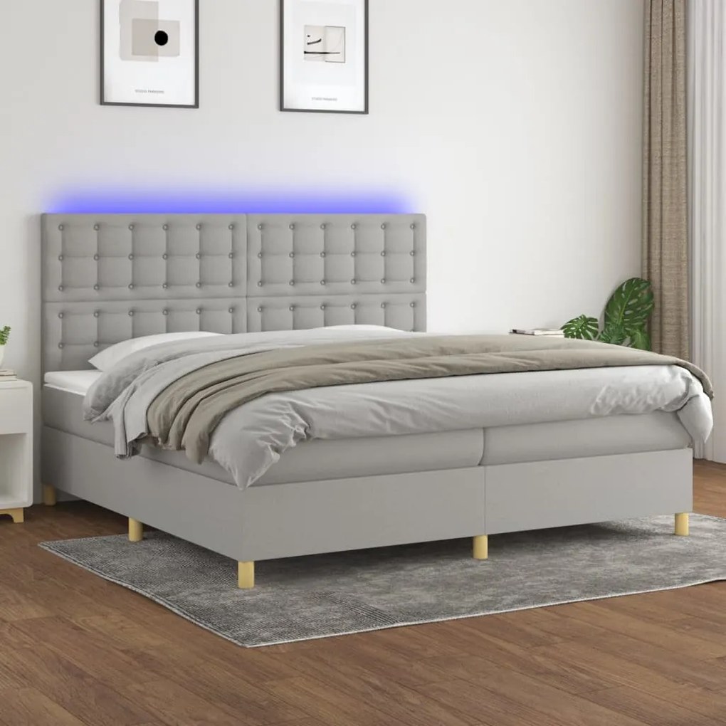 Letto a molle materasso e led grigio chiaro 200x200 cm tessuto