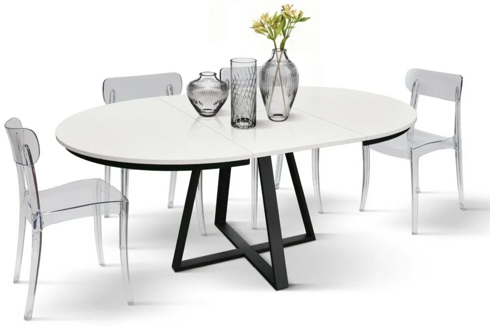 Tavolo rotondo PANTELLERIA in legno effetto bianco frassinato con base a X in metallo antracite, allungabile ⌀120 cm &#8211; ⌀170 cm