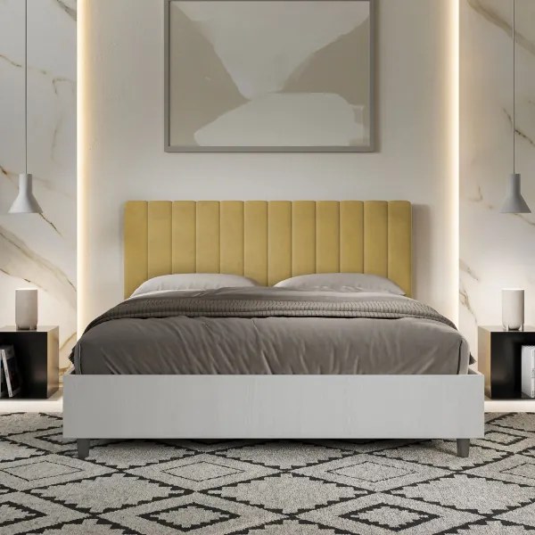 Letto contenitore da 160x200 in legno bianco e testata in microfibra ocra Kaia