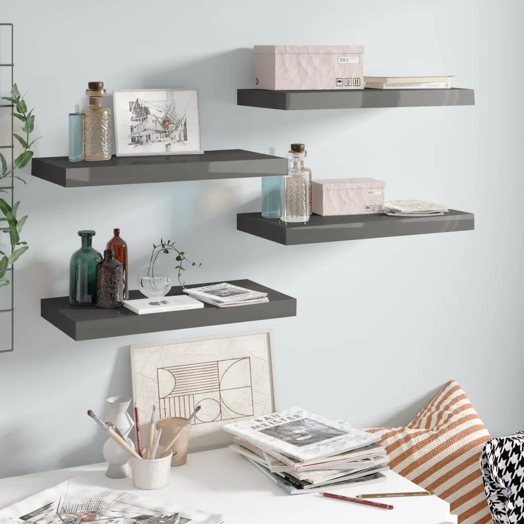 Scaffali A Parete 4 Pz Grigio Lucido 50x23x3,8 Cm İn Mdf /
