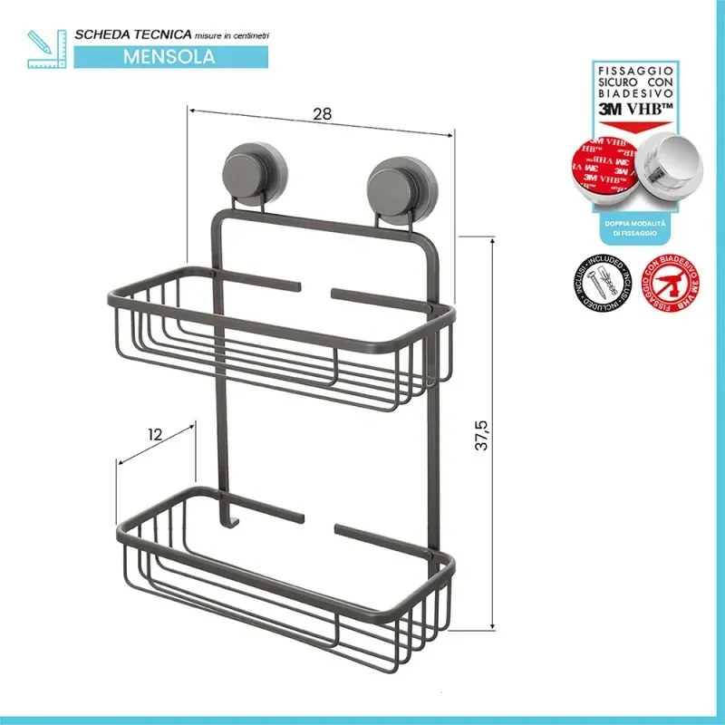 Griglia doccia portaoggetti rettangolare in acciaio canna di fucile doppio fissaggio