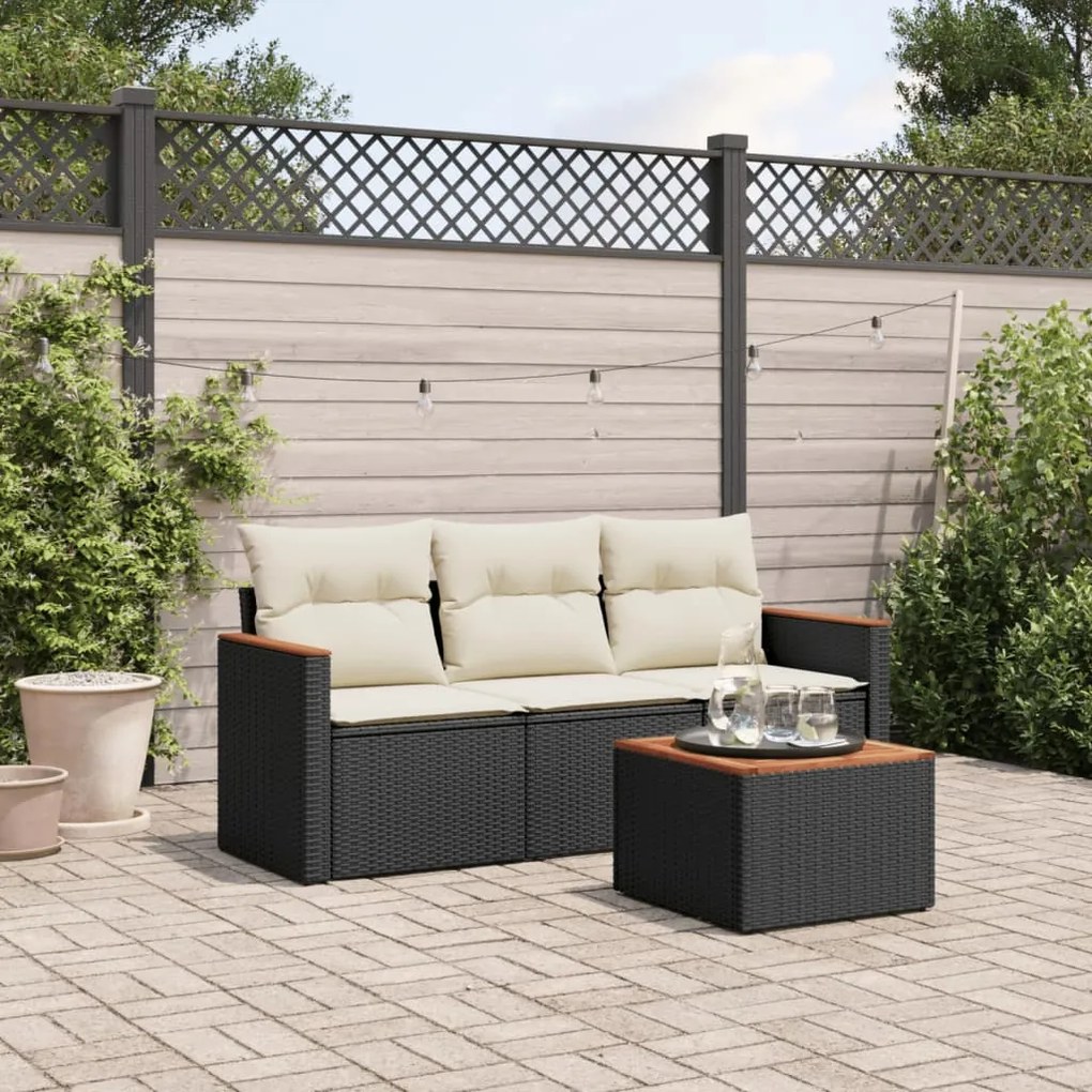 Set divani da giardino 4 pz con cuscini nero in polyrattan