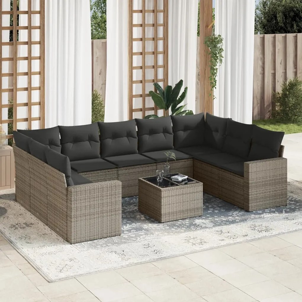 Set Divano da Giardino 10 pz con Cuscini Grigio in Polyrattan