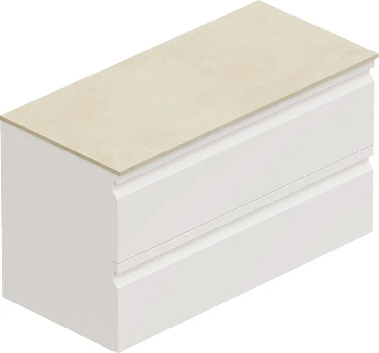 Mobile Pull L100 H55 P45 bianco opaco laccato 2 cassetti a chiusura ammortizzata e top gres bianco Creta per lavabo in appoggio, piedini non inclusi