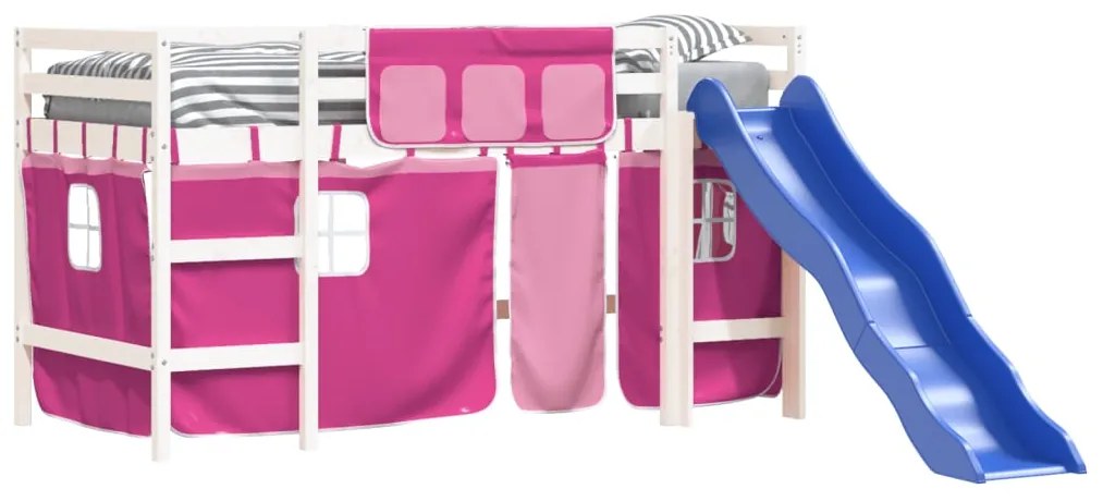 Letto a soppalco con tende bambini rosa 90x200 cm massello pino