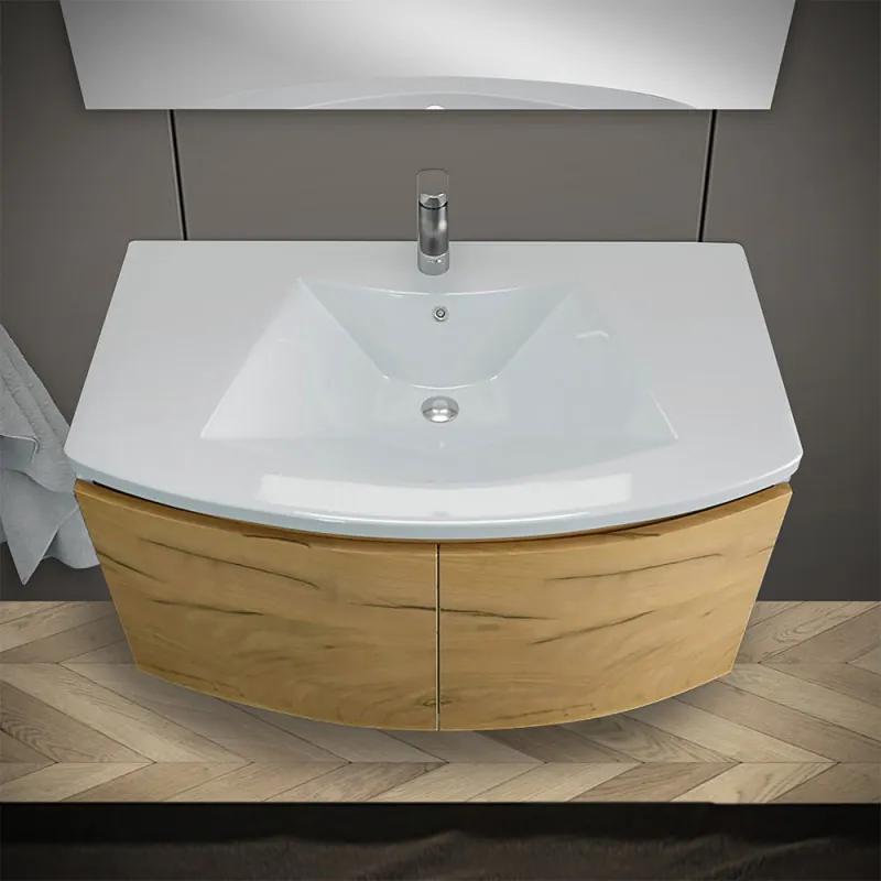 Mobile bagno sospeso curvo 80 cm rovere oro con lavabo e specchio