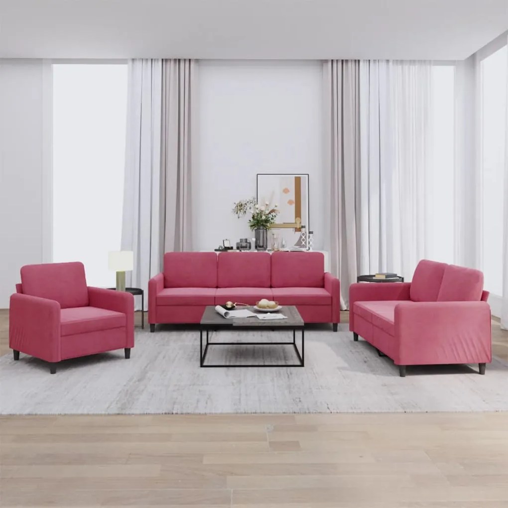 Set Di Divani 3 Pz Rosso Vino İn Velluto /