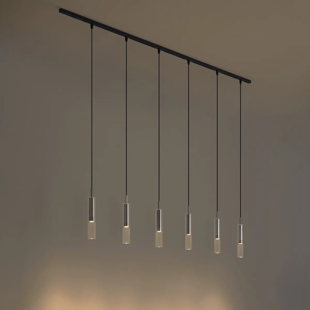 Sistema di illuminazione a binario moderno nero con 6 lampade a sospensione color canna di fucile 1 fase - Slimline Loyce