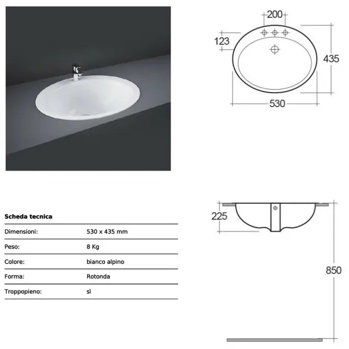 Lavabo da incasso soprapiano 53x43,5 cm Rak modello Jessica