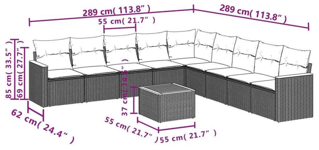 Set Divani da Giardino 10pz con Cuscini in Polyrattan Nero