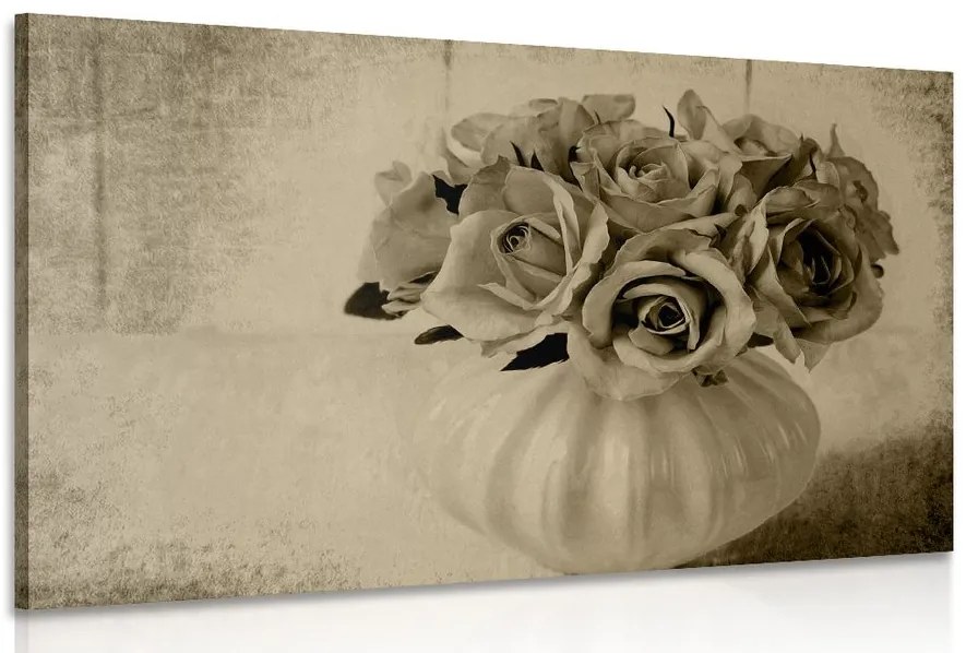 Quadro su tela – Rose nel vaso in versione seppia