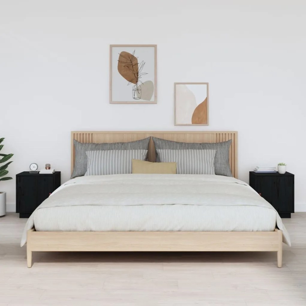 Comodini Nero 2 Pz 40x34x45 Cm İn Legno Massello Di Pino /