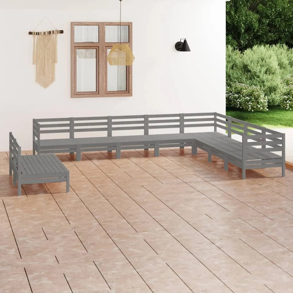 Set Salotto da Giardino 10 pz in Legno Massello di Pino Grigio