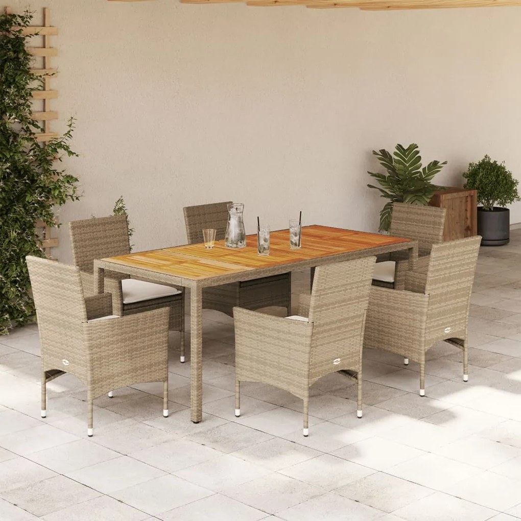 Set pranzo da giardino 7 pz con cuscini beige polyrattan acacia