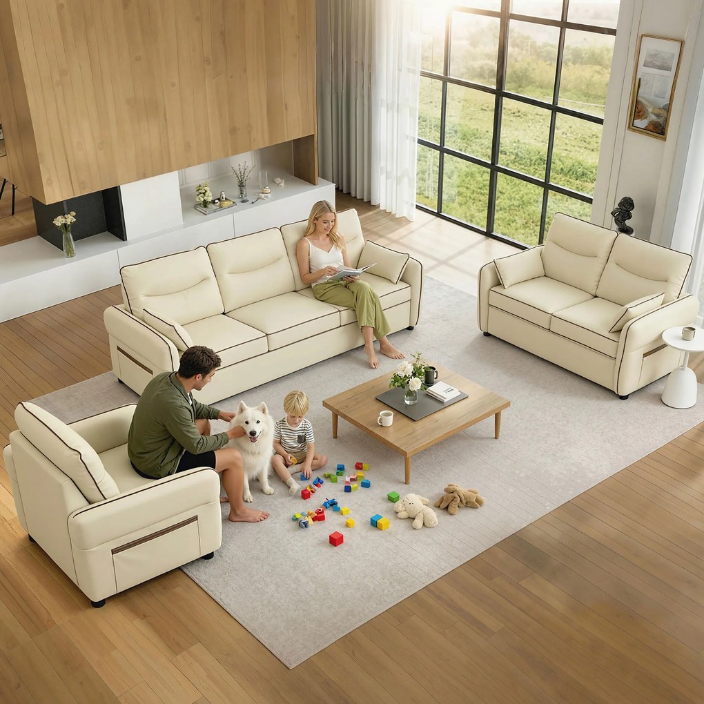 Divano 3 Posti 190x83x90 cm con Imbottitura Spessa Tasca Laterale e 2 Cuscini in Finta Pelle Beige...