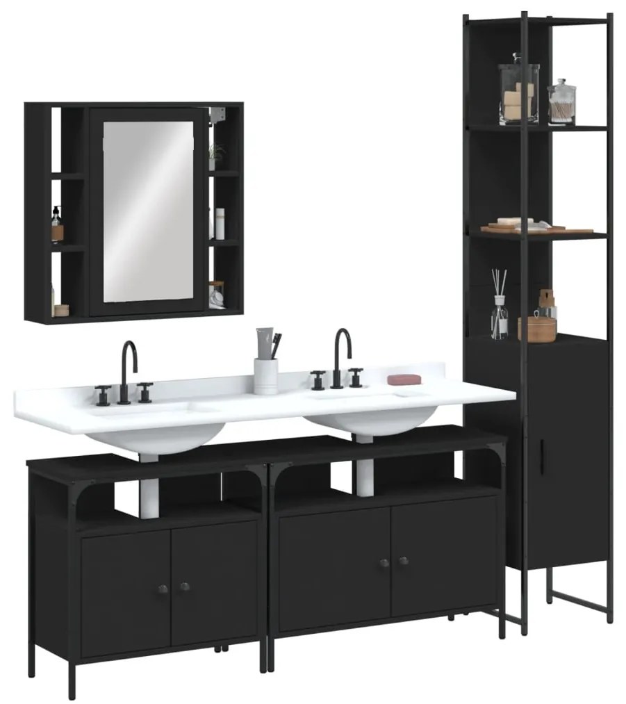 Set Mobili Da Bagno 4 Pz Nero İn Legno Multistrato /