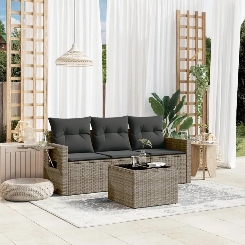 Set divani da giardino 4 pz con cuscini in polyrattan grigio