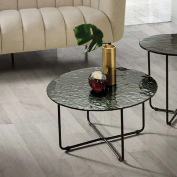 Tavolino tondo con piano vetro temperato effetto martellato Fumč JON 60