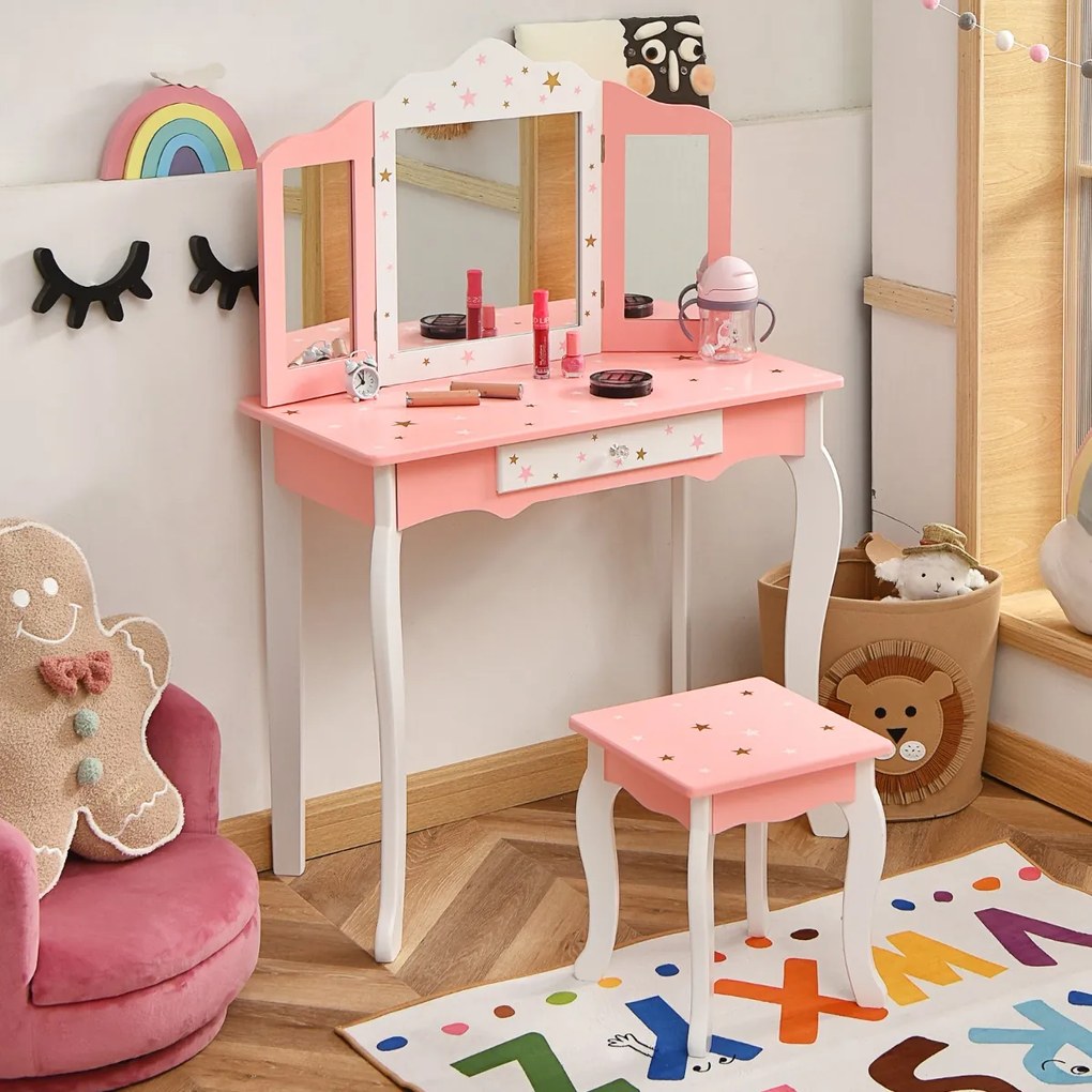 Costway Set tavolo toeletta e sgabello con specchio tripartito per bambini, Set toeletta finto con cassetto Rosa