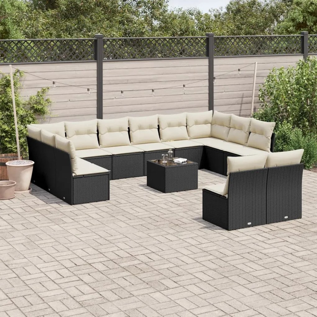 Set divani da giardino 13pz con cuscini nero in polyrattan