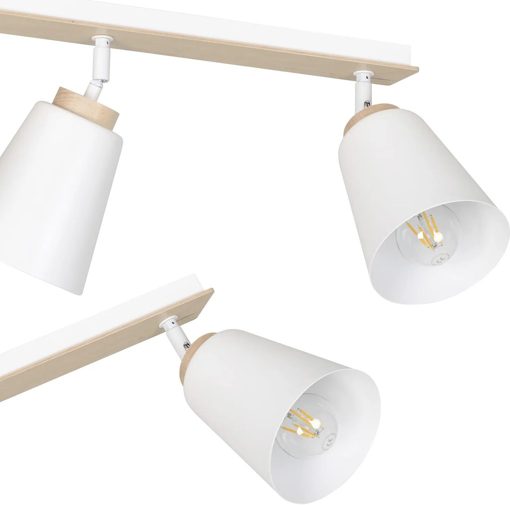 Plafoniera Spot Faretti Orientabili 3 Luci Xiwangmu Acciaio Bianco E Legno Naturale