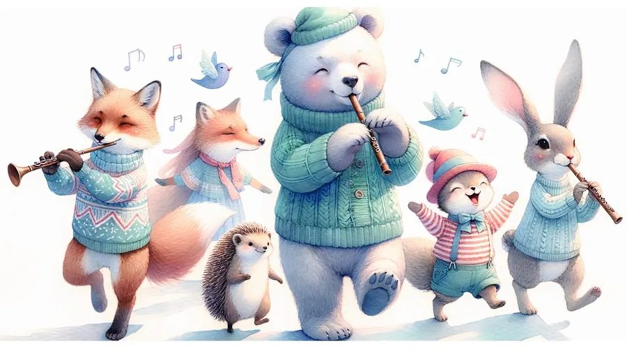 Quadro su tela – Dolci animaletti con flauti in inverno