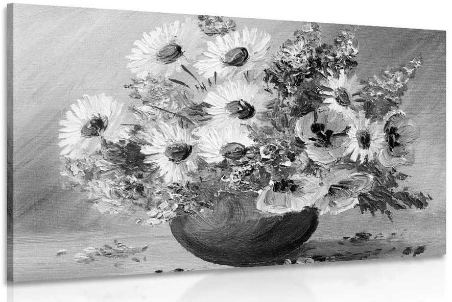 Stampa su tela – Dipinto a olio di fiori estivi in bianco e nero