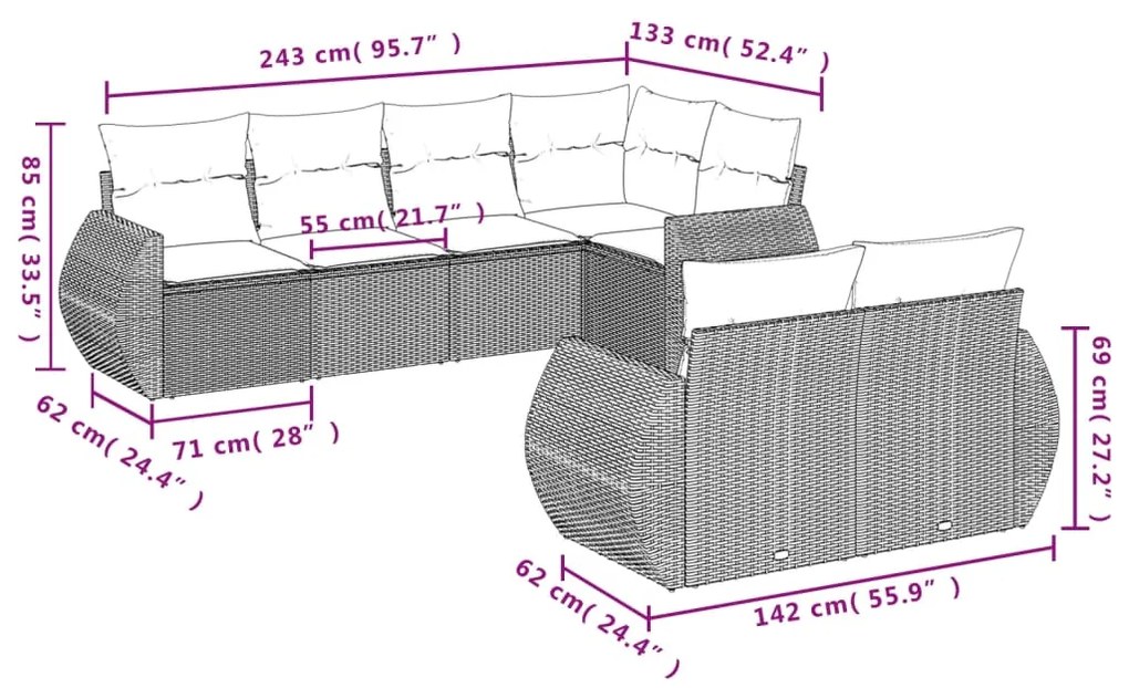 Set Divani da Giardino con Cuscini 7pz Nero Polyrattan