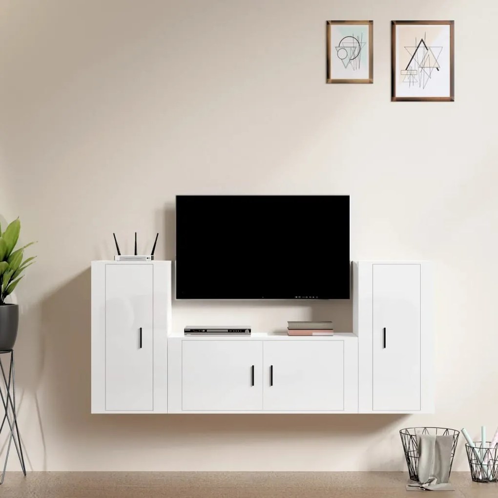 Set Mobili Porta Tv 3 Pz Bianco Lucido İn Legno Multistrato /