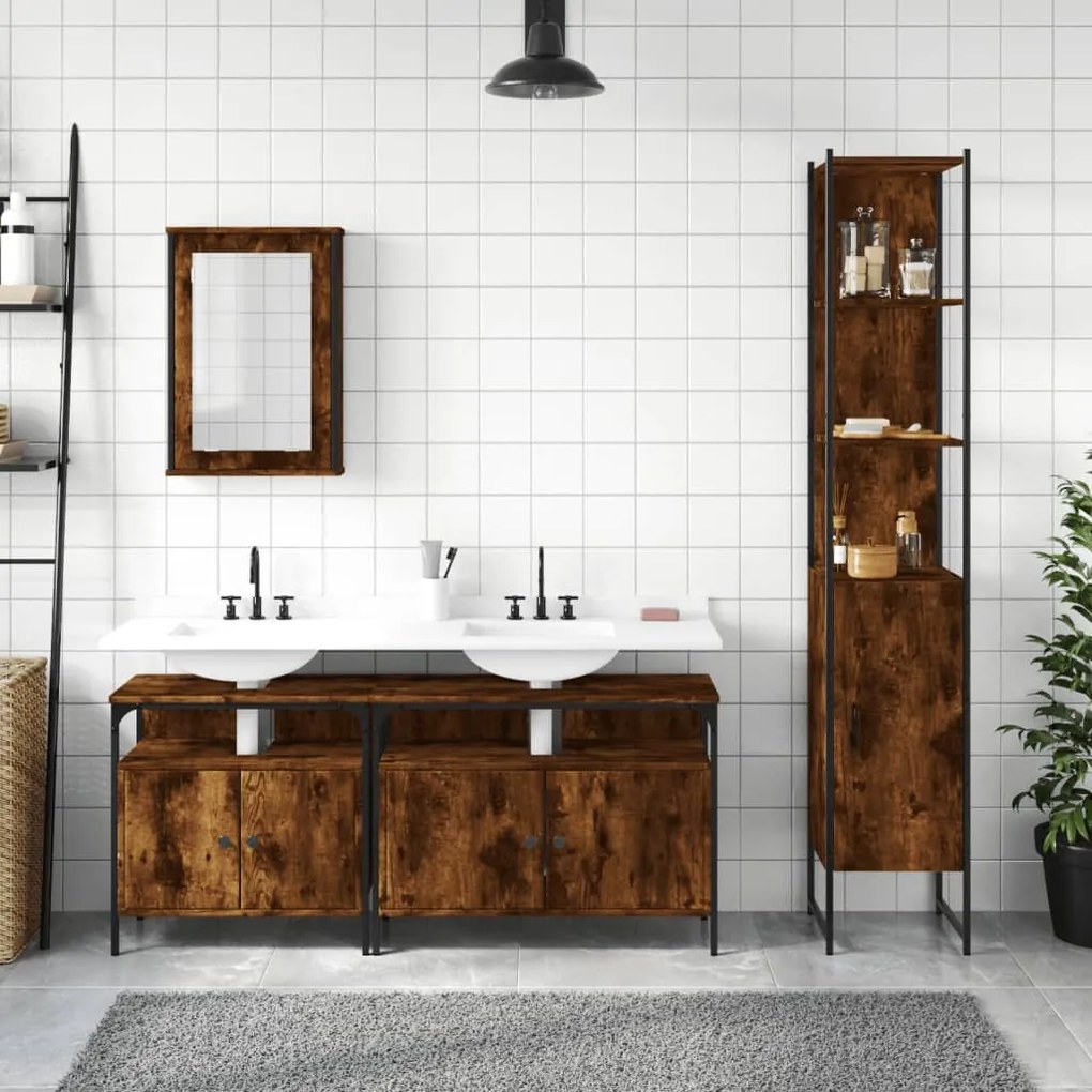 Set mobili da bagno 4 pz rovere fumo in legno multistrato