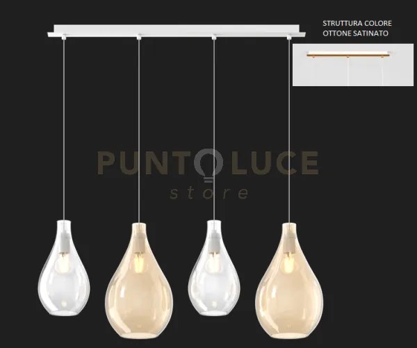 Sosp. ottone sat. 4 luci rettangolare vetri (2 piccoli (1xam+1xtr)+...