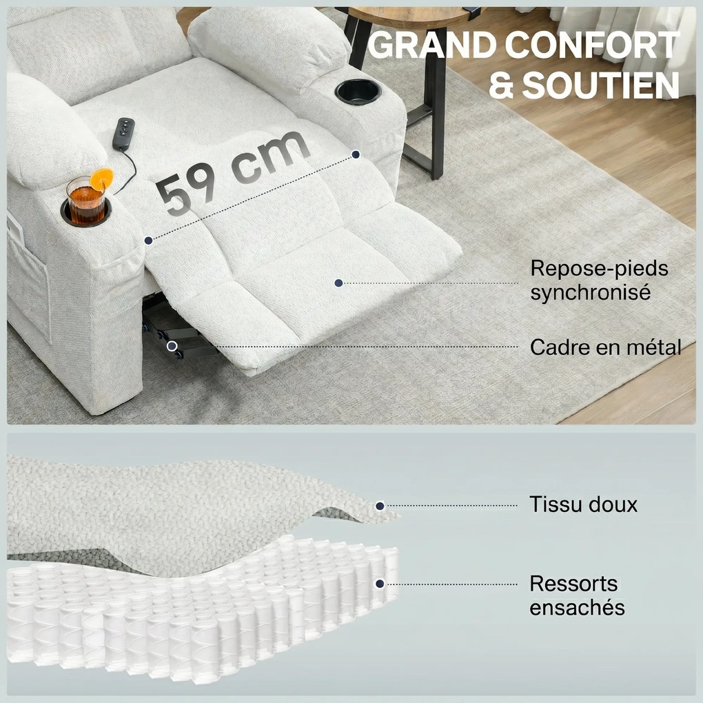 Poltrona Relax Elettrica 94x90x105 cm Reclinabile 150° con Poggiapiedi Funzione Memory Telecomando in Velluto Crema...