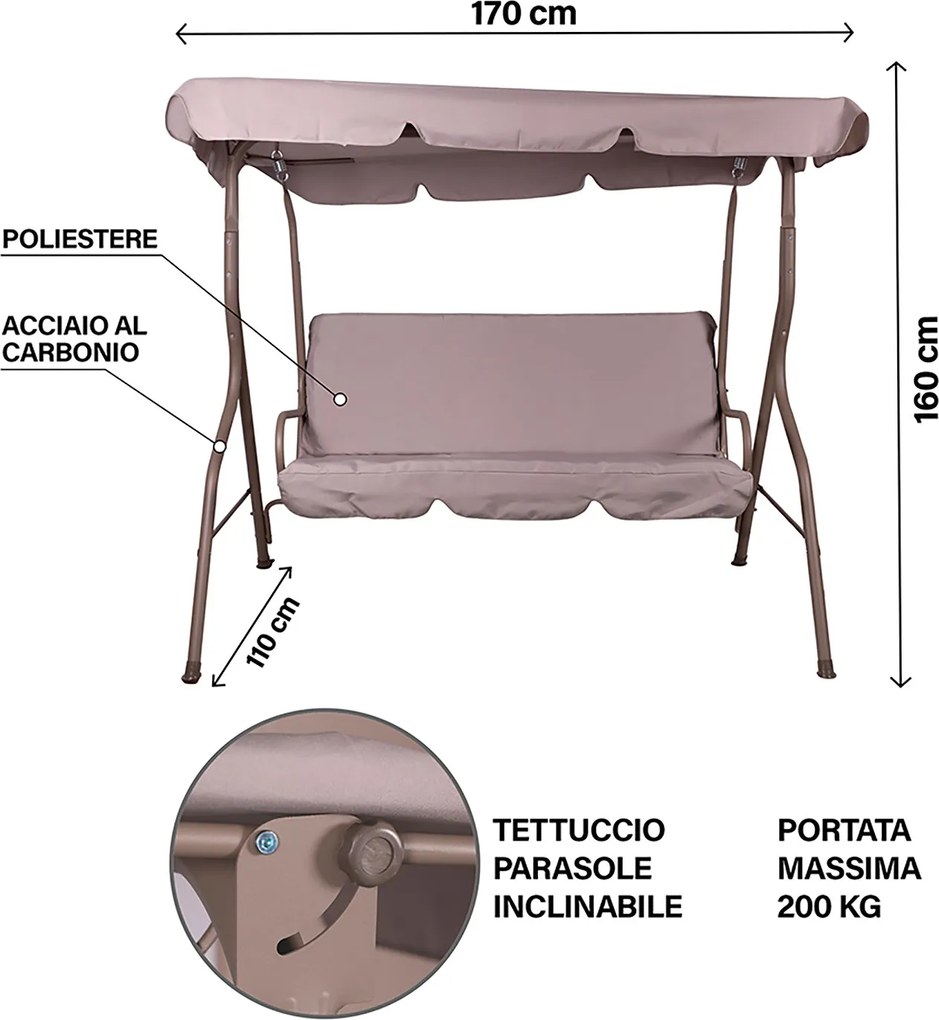 Dondolo da Giardino 3 Posti 170x110x160 cm con Tetto Parasole in Acciaio e Poliestere Tortora...