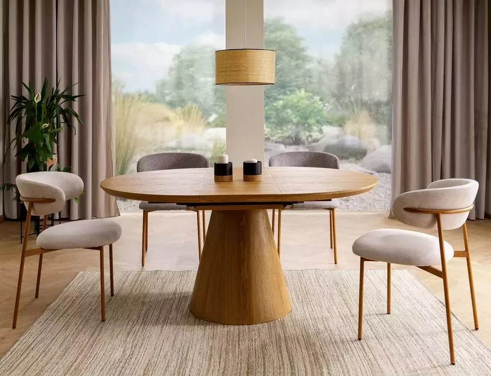 Tavolo Angel II estensibile in MDF con impiallacciatura naturale rovere – Ø120 estensibile a 160 cm