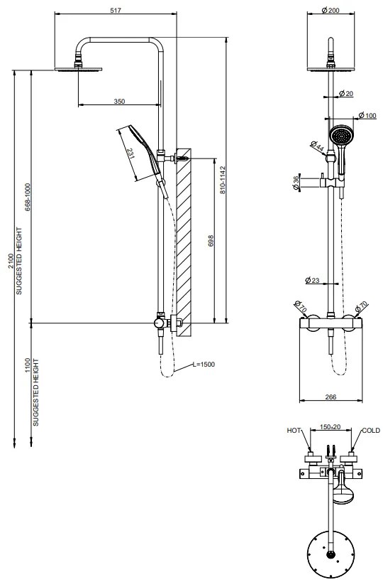 Colonna doccia con miscelatore termostatico soffione 20 cm deviatore automatico flessibile saliscendi e doccetta anticalcare 3jet cromo 35173 Gessi