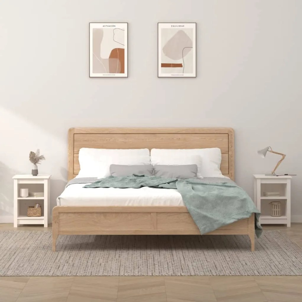 Comodini 2 Pz Bianchi 40x35x55 Cm İn Legno Massello Di Pino /
