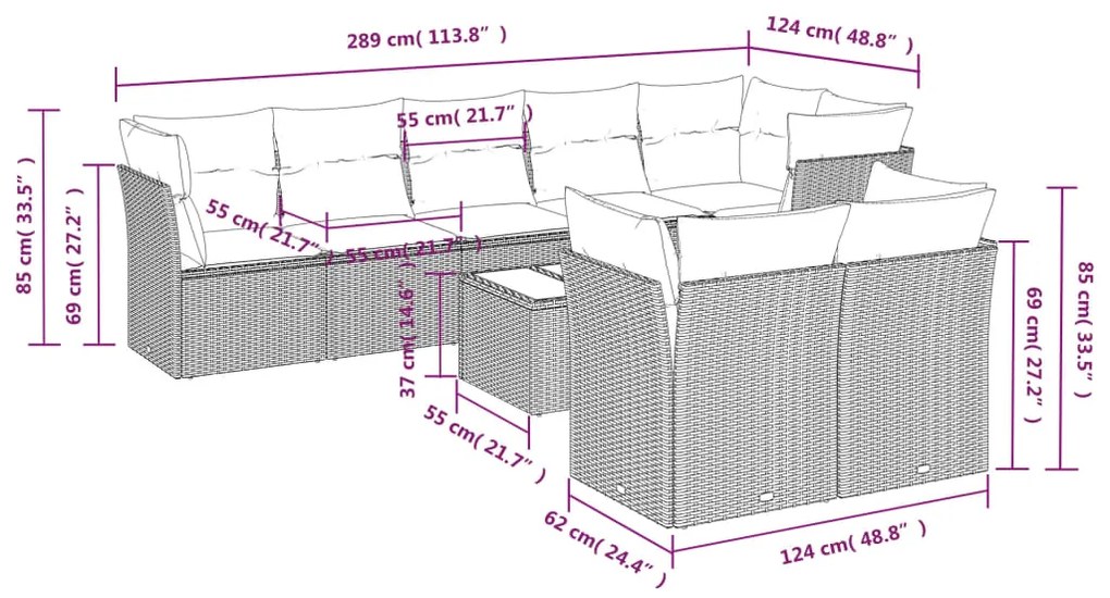 Set Divani da Giardino 9 pz con Cuscini Nero in Polyrattan