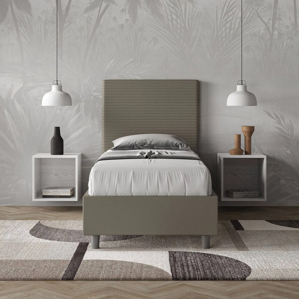 Letto singolo senza rete, con rete e contenitore imbottito similpelle Focus, Cappuccino / Con Rete