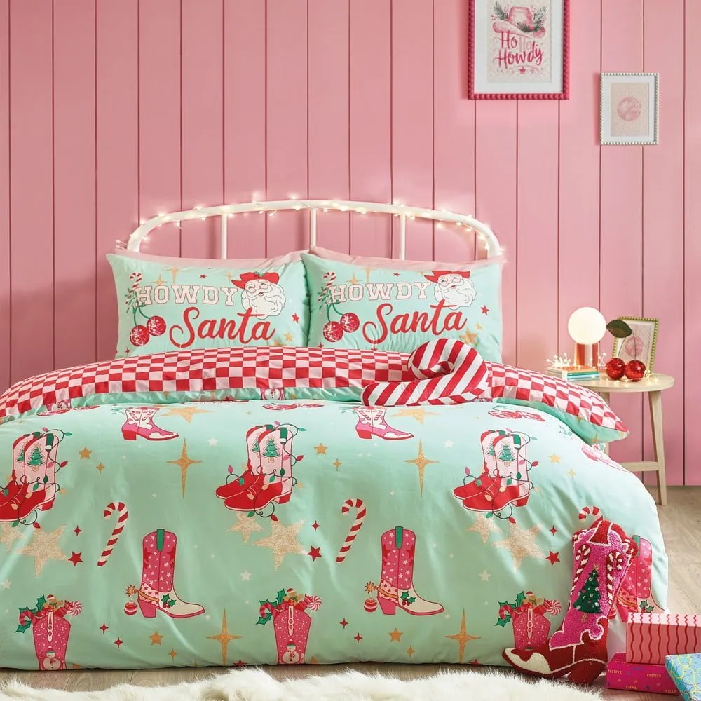 Set copripiumino e federa verde e rosa per letto singolo 135x200 cm Santa's Howdy Christmas – Catherine Lansfield
