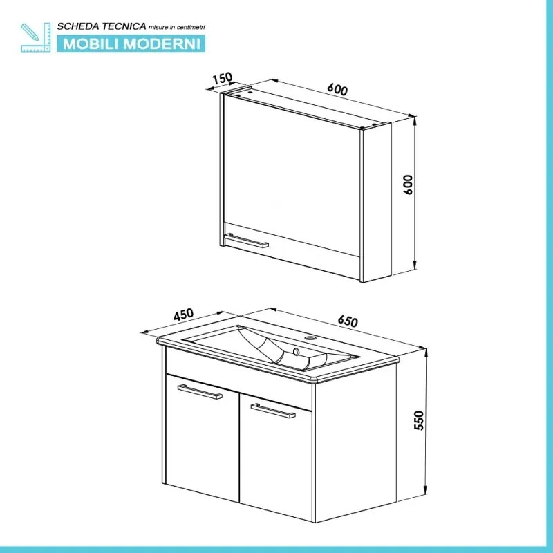 Mobile bagno sospeso 65 cm grigio effetto legno con armadietto a specchio Sofia