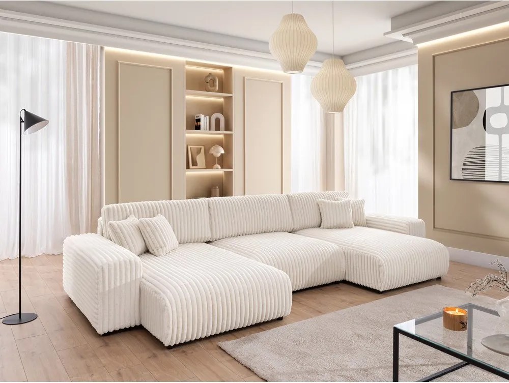 Divano angolare color crema allungabile/con contenitore (a U) rivestito in velluto a coste Sarina – Ropez