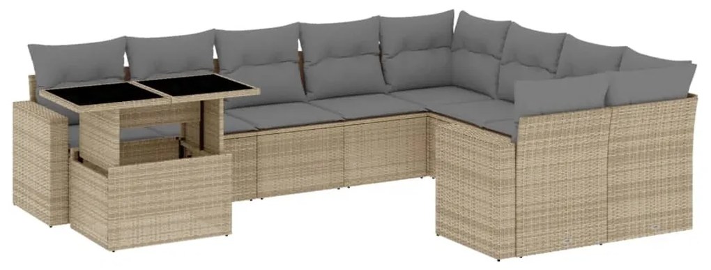 Set divano da giardino 10 pz con cuscini beige in polyrattan