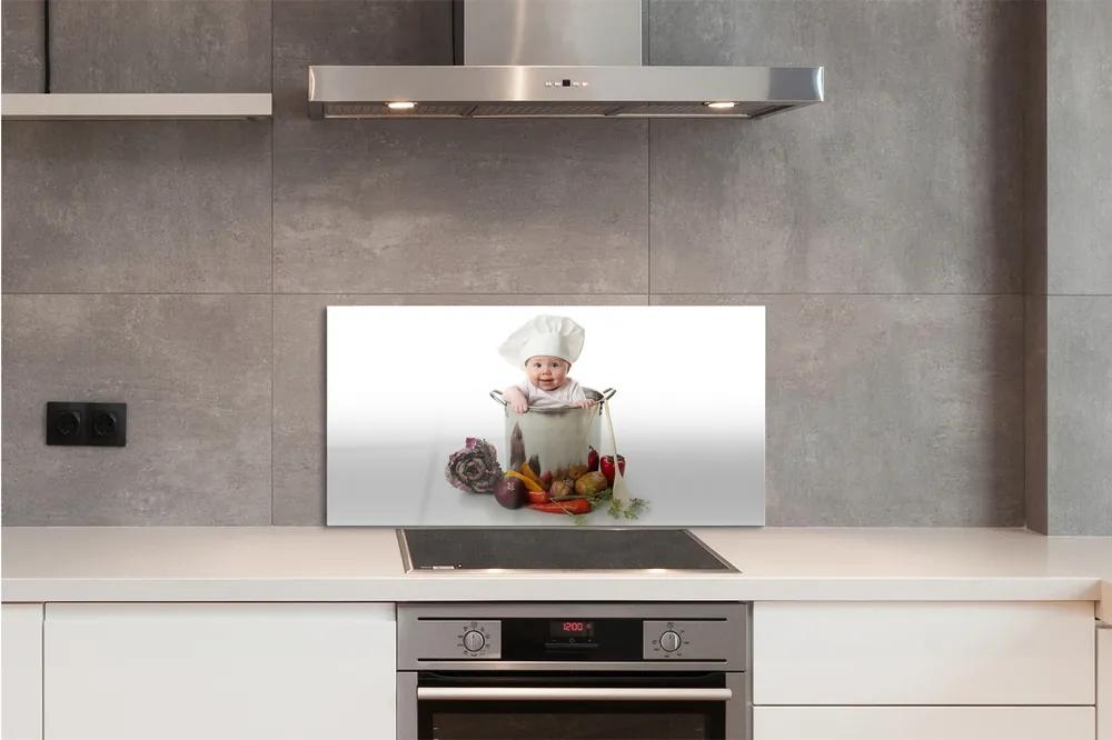 Pannello paraschizzi cucina Bambino in una pentola di verdure 100x50 cm