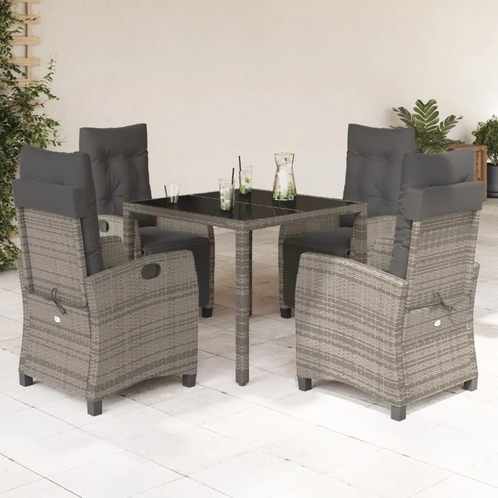 Set da pranzo da giardino 5 pz con cuscini in polyrattan grigio